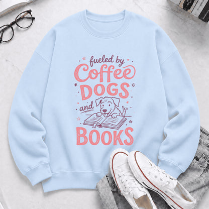 Fueled By Coffee, Dogs and Books Crewneck Sweatshirt | Coffee & Dog Lover, Reader Gift Light Blue