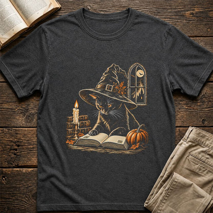 Reading Black Cat Witch Printed T-Shirt | Halloween Book Lover Gift Dark Heather