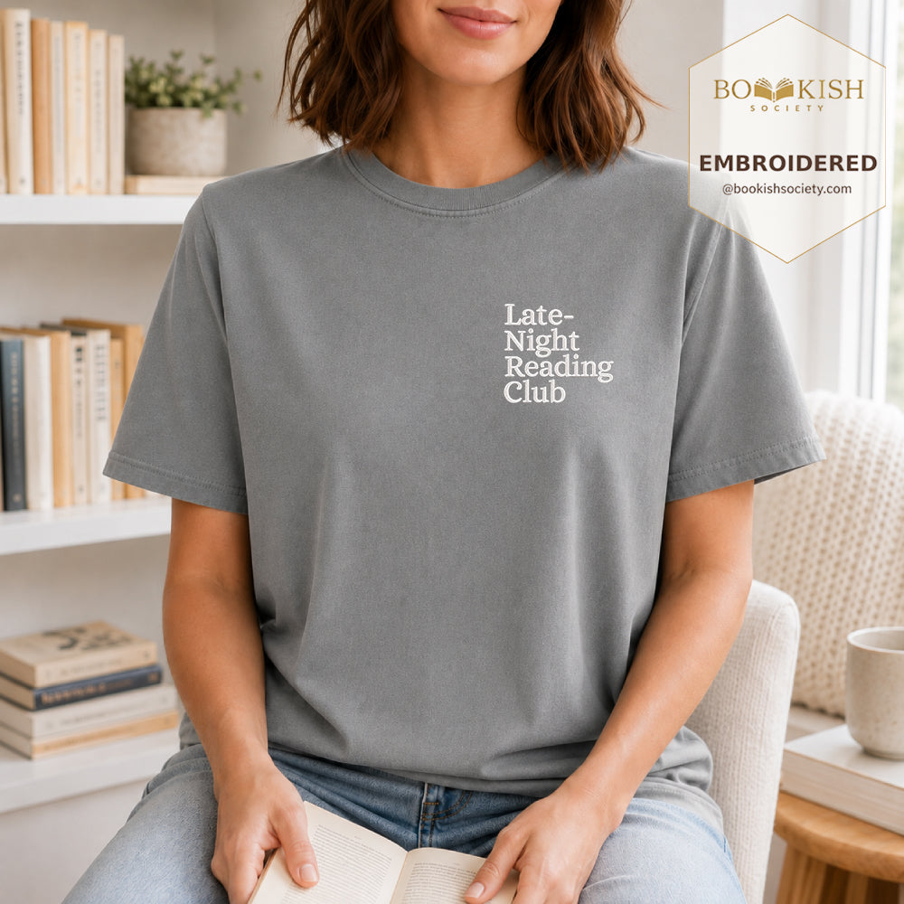 Late Night Reading Club Embroidered Comfort Color® T-shirt | Book Lover Gift Granite