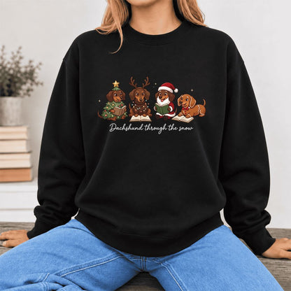 Dachshund Through The Snow Softstyle Sweatshirt | Christmas Book Lover Gift Black