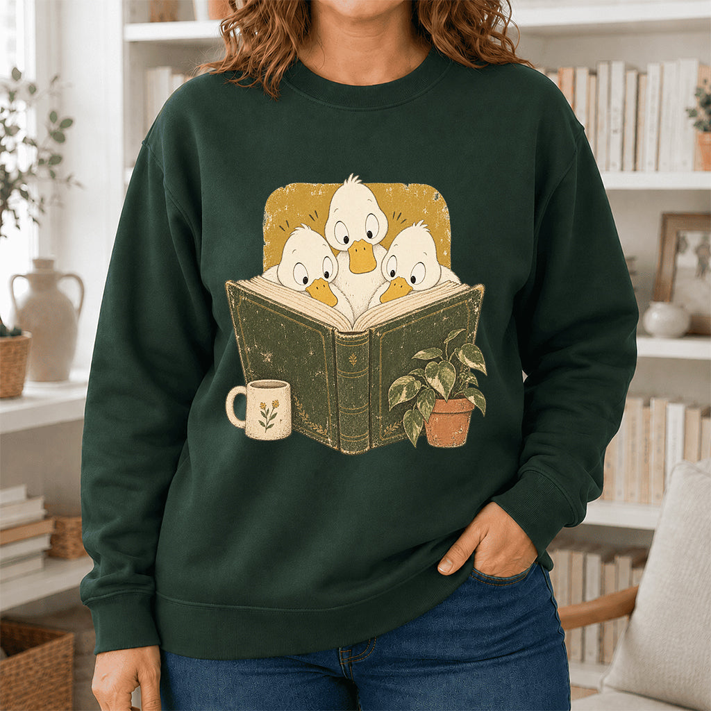 Minimal Japanese Ducks Reading Crewneck Sweatshirt | Reader Gift Forest Green