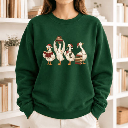 Christmas Reading Ducks Softstyle Sweatshirt | Christmas Book Lover Gift Forest Green