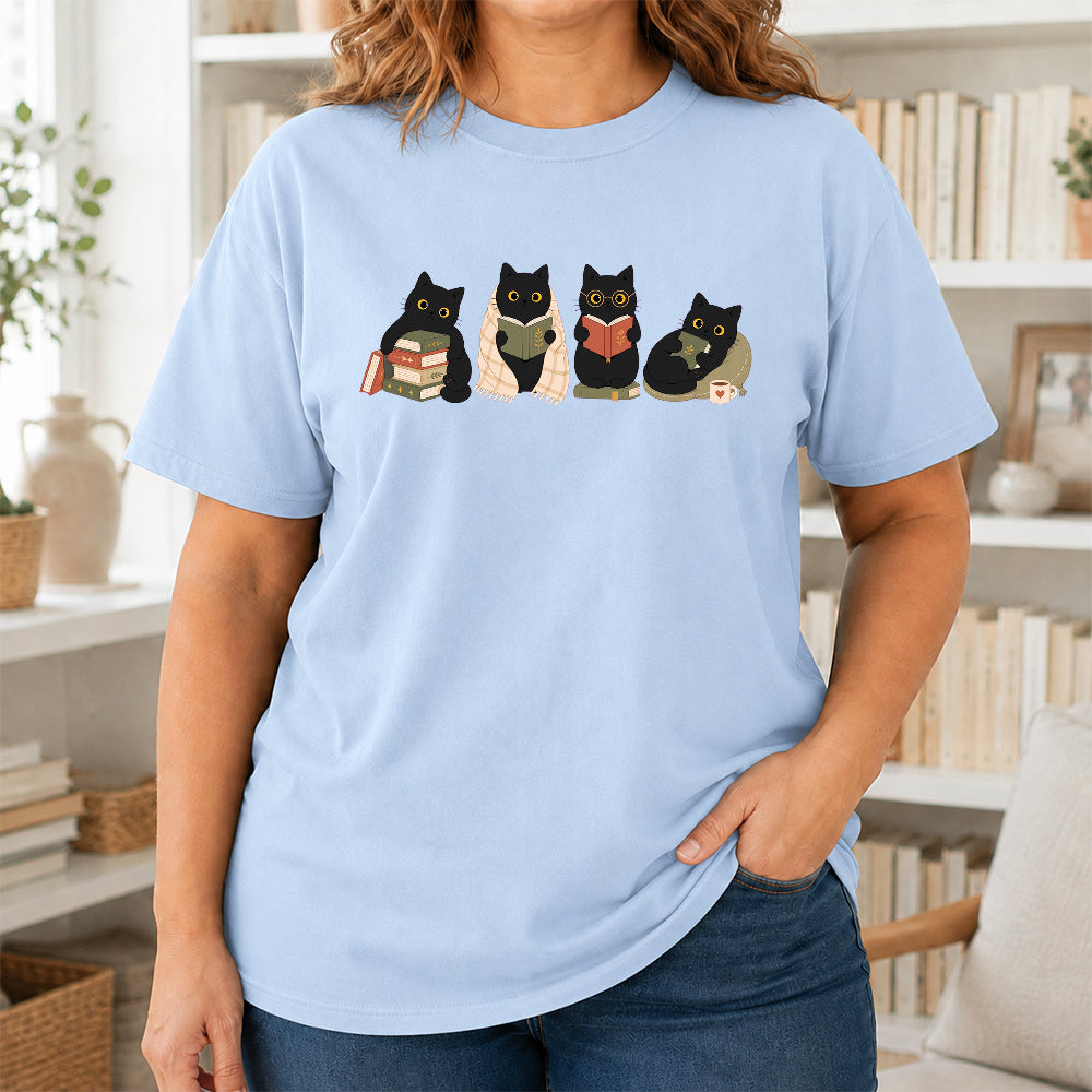 Black Cats Reading Softstyle T-Shirt | Book Lover Gift Light Blue