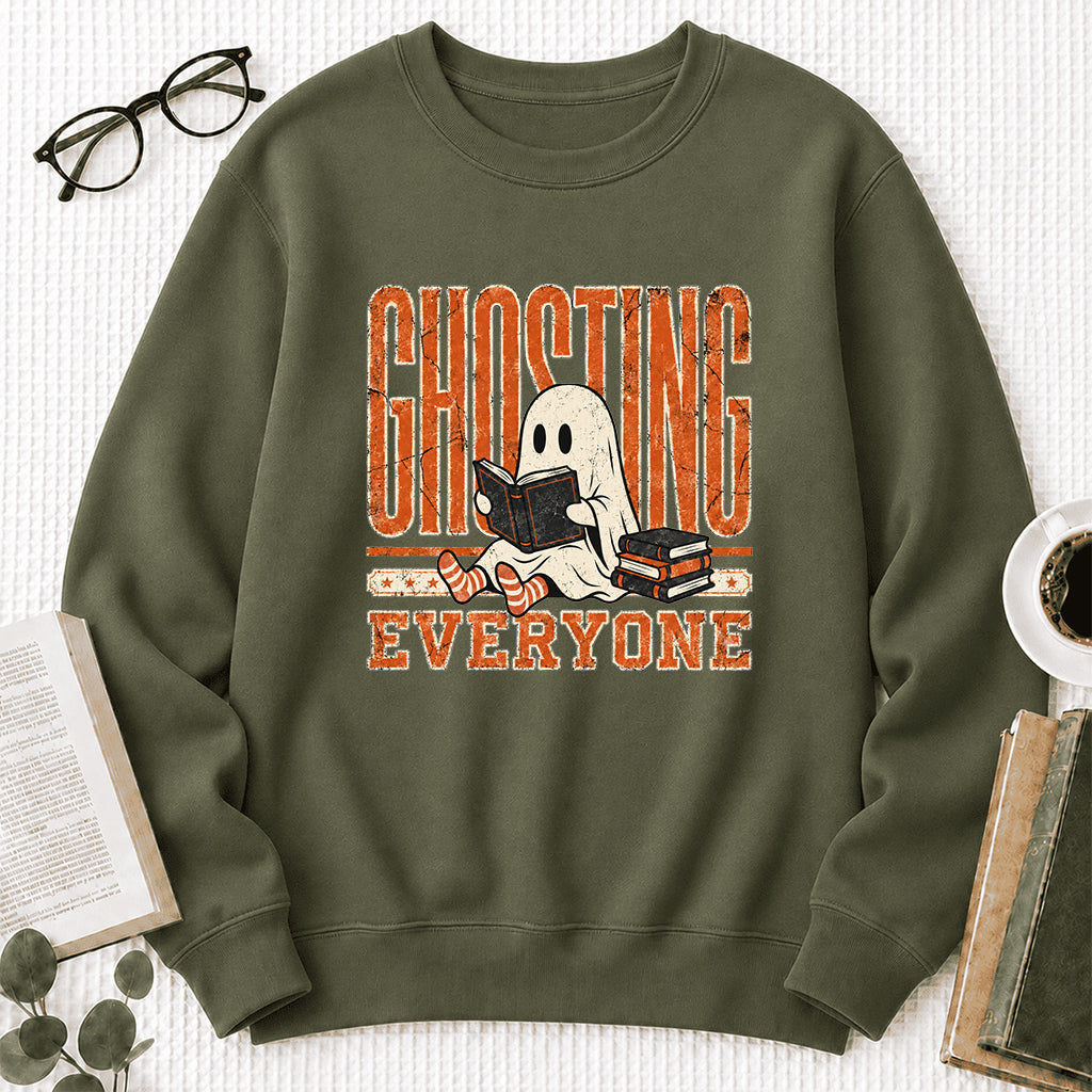Ghosting Everyone Printed Sweatshirt | Halloween Book Lover Gift Military Green