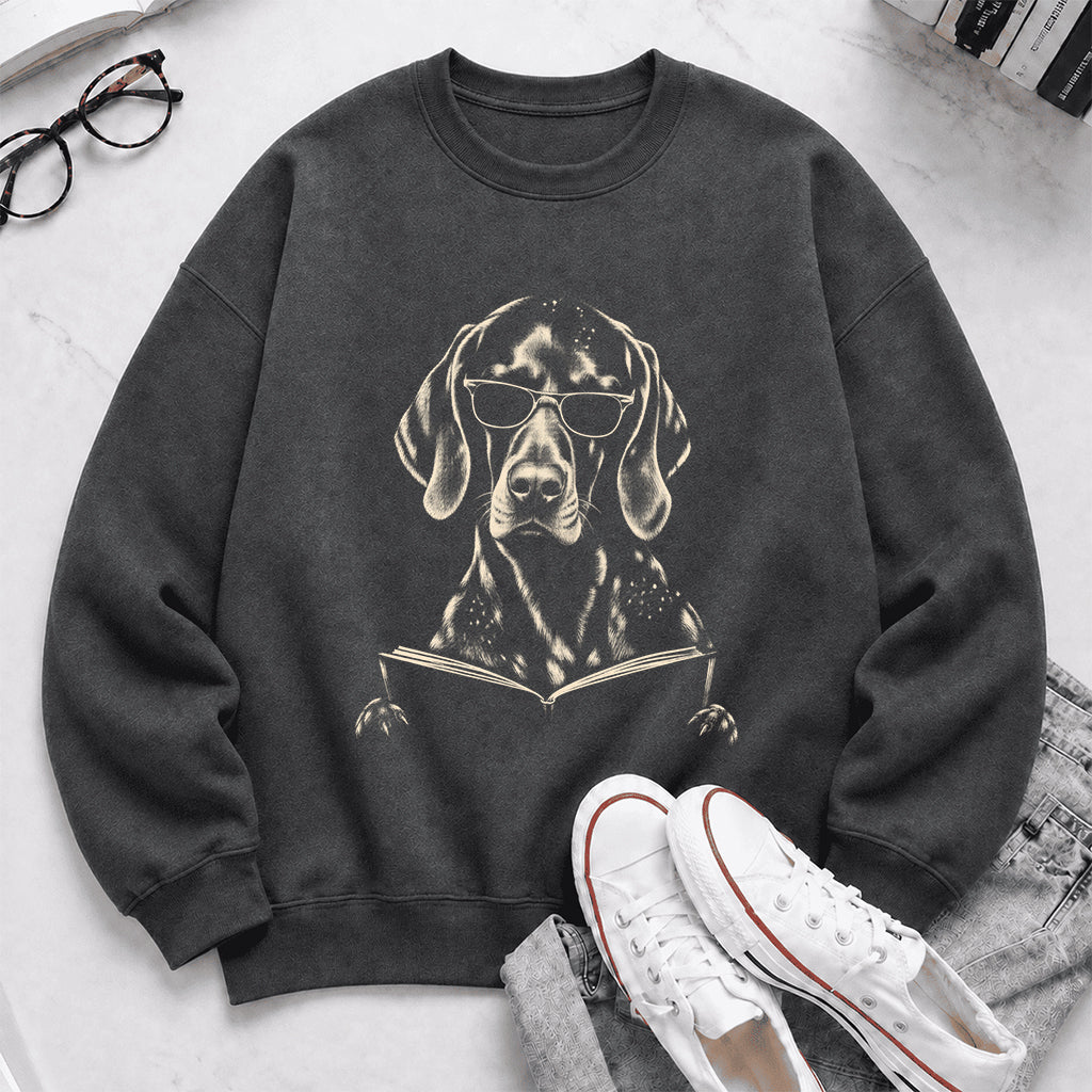 German Shorthaired Pointer Reading Book Crewneck Sweatshirt | Reader Gift Dark Heather