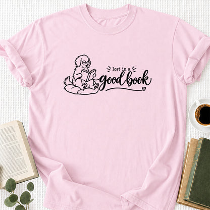 Lost In A Good Book Cotton T-Shirt | Dog & Book Lover Gift Light Pink