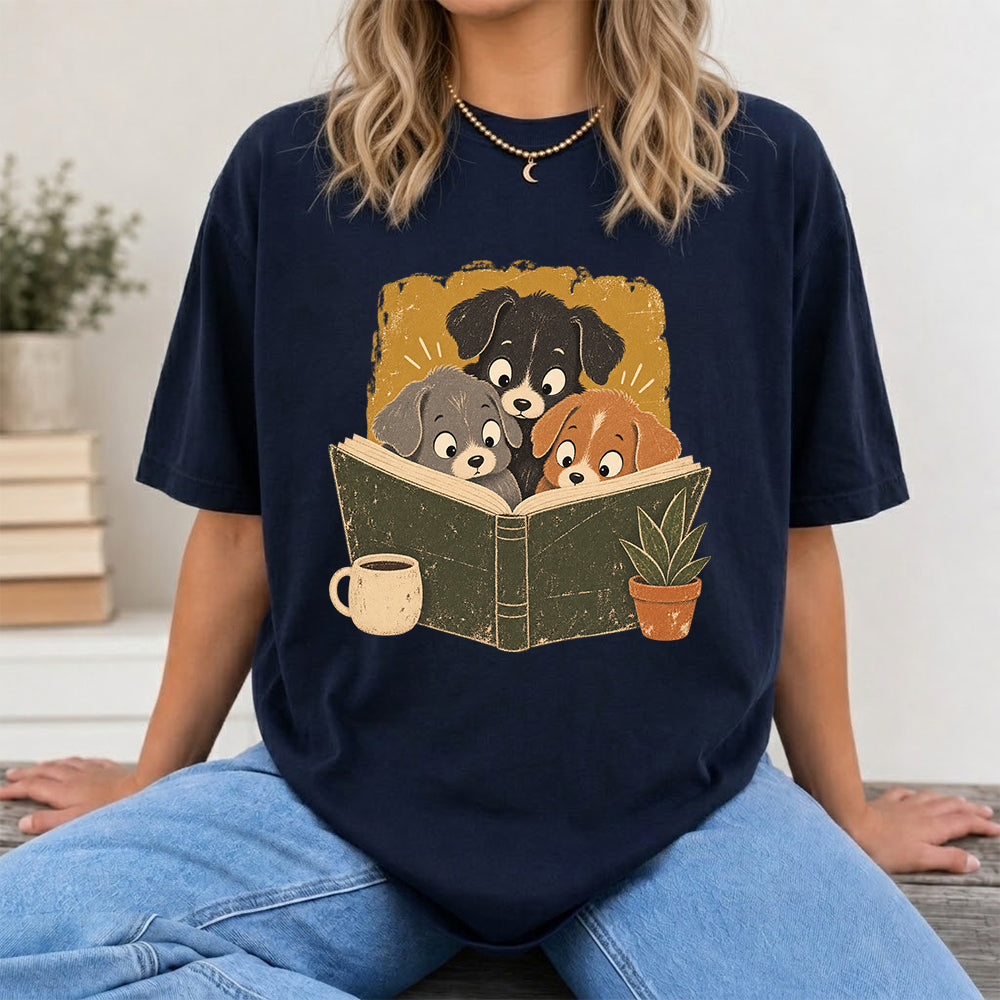 Minimal Japanese Dogs Reading Softstyle T-Shirt | Book Lover Gift Navy