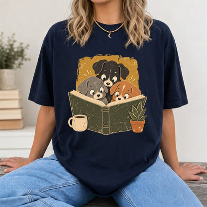 Minimal Japanese Dogs Reading Softstyle T-Shirt | Book Lover Gift Navy