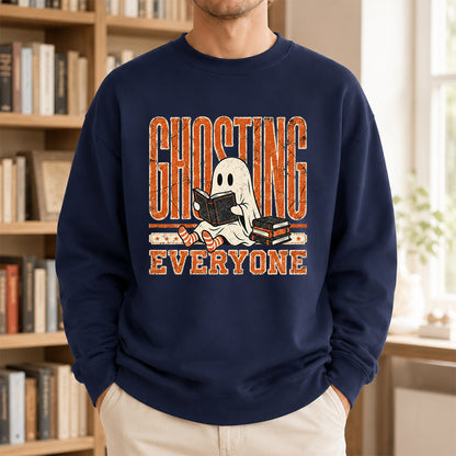Ghosting Everyone Printed Sweatshirt | Halloween Book Lover Gift Navy