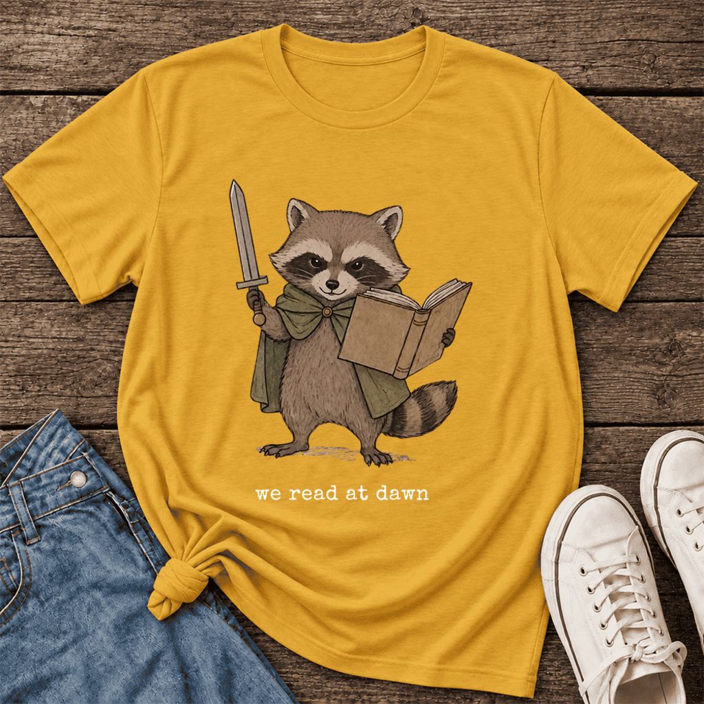 We Read At Dawn Funny Racoon Ultra-Soft Cotton T-Shirt | Playful Reader Gift Mustard