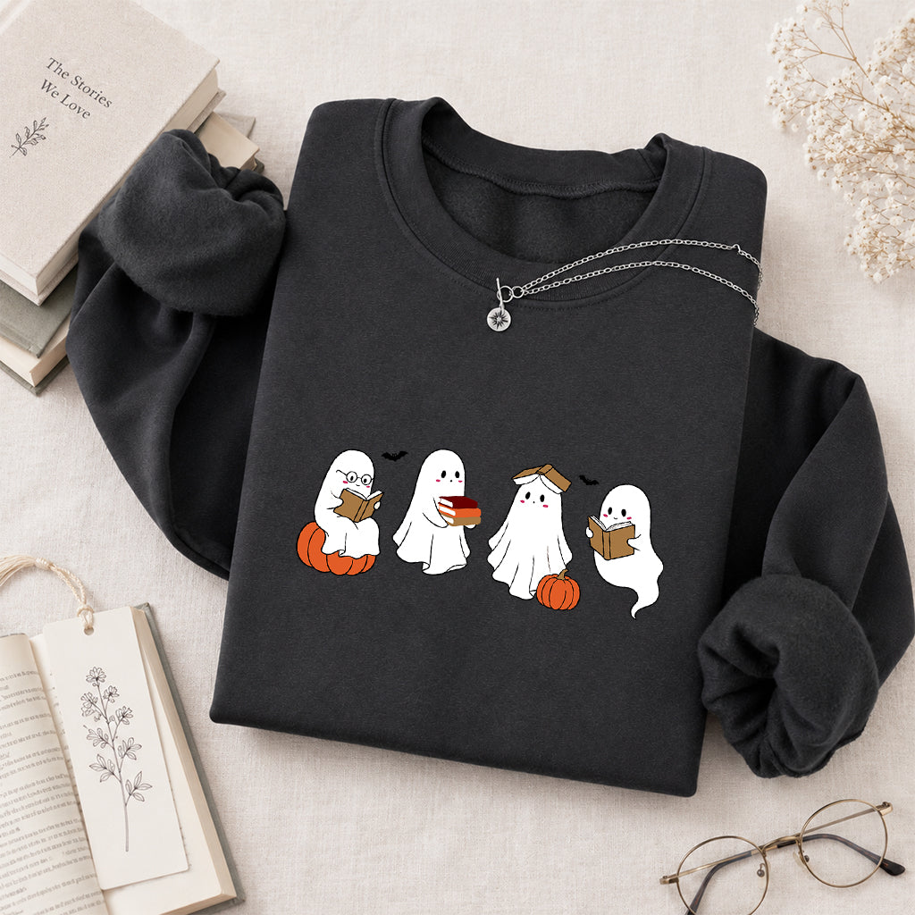 Halloween Ghosts Reading Printed Sweatshirt | Spooky Book Lover Gift Dark Heather