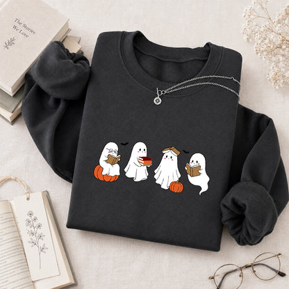 Halloween Ghosts Reading Printed Sweatshirt | Spooky Book Lover Gift Dark Heather