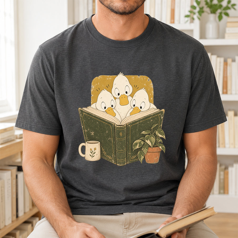 Minimal Japanese Ducks Reading Softstyle T-Shirt | Book Lover Gift Dark Heather