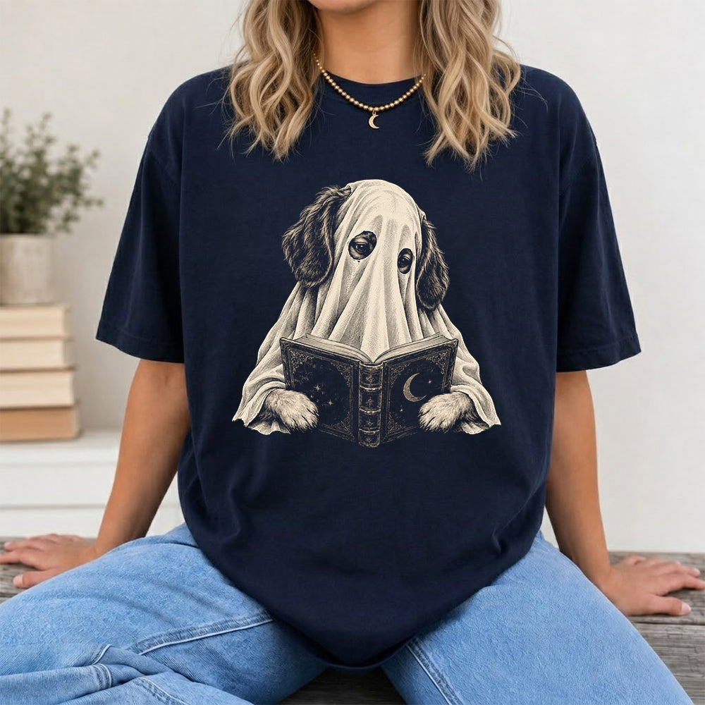 Reading Ghost Dog Printed T-Shirt | Halloween Dog Lover Gift Navy