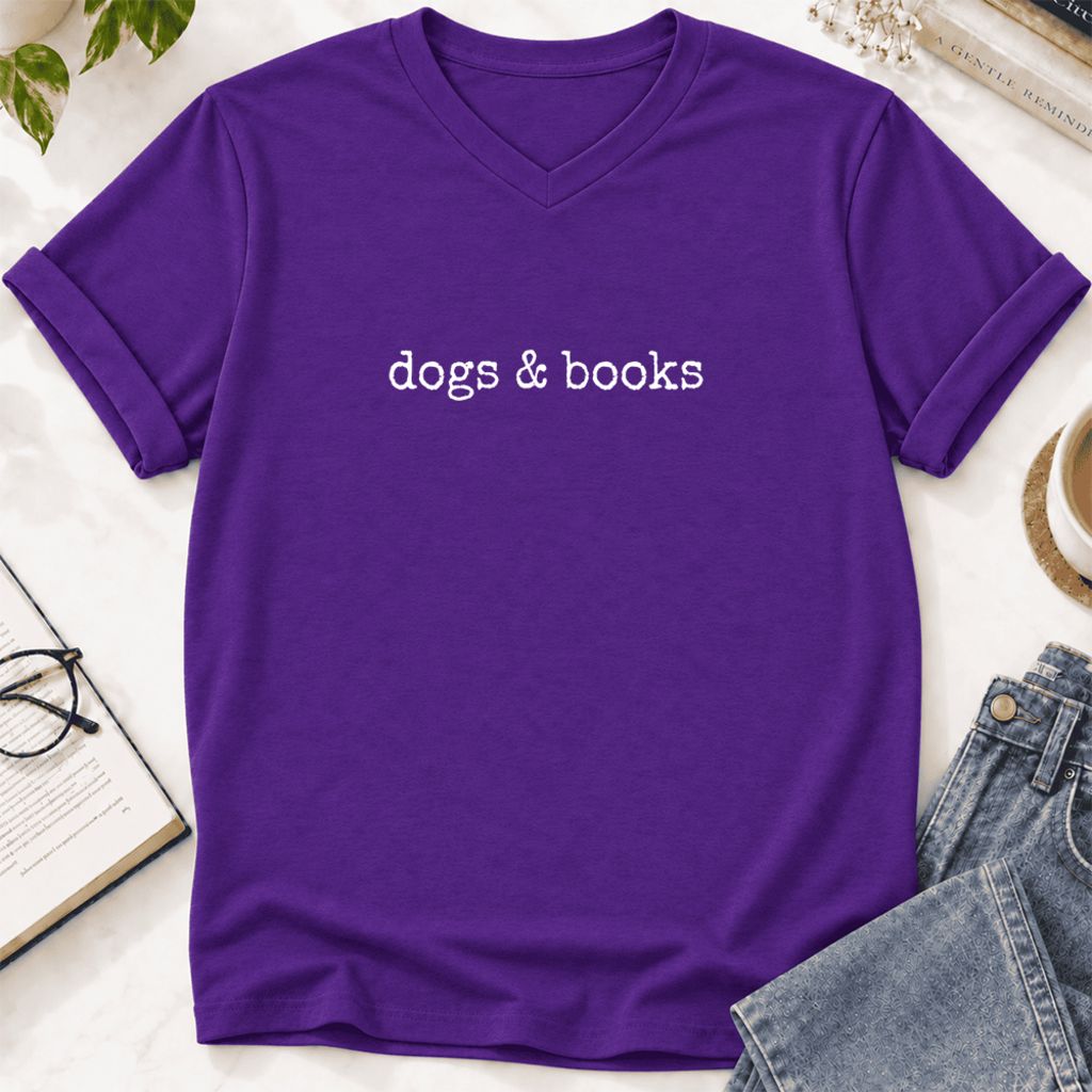 Dogs & Books Ultra-Soft V-Neck | Dog Lover & Reader Gift Team Purple