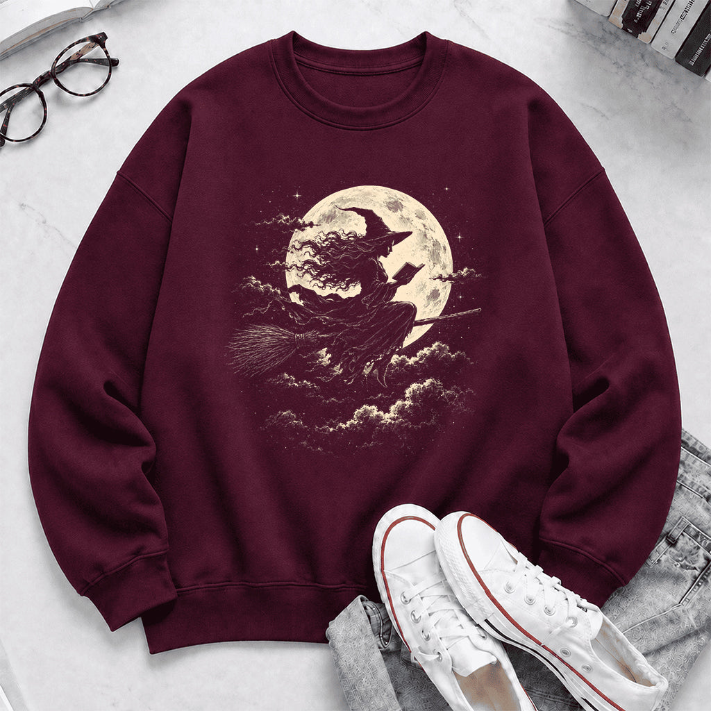 Reading Witch On The Flying Broom Printed Sweatshirt | Halloween Reader Gift Maroon