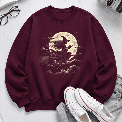 Reading Witch On The Flying Broom Printed Sweatshirt | Halloween Reader Gift Maroon