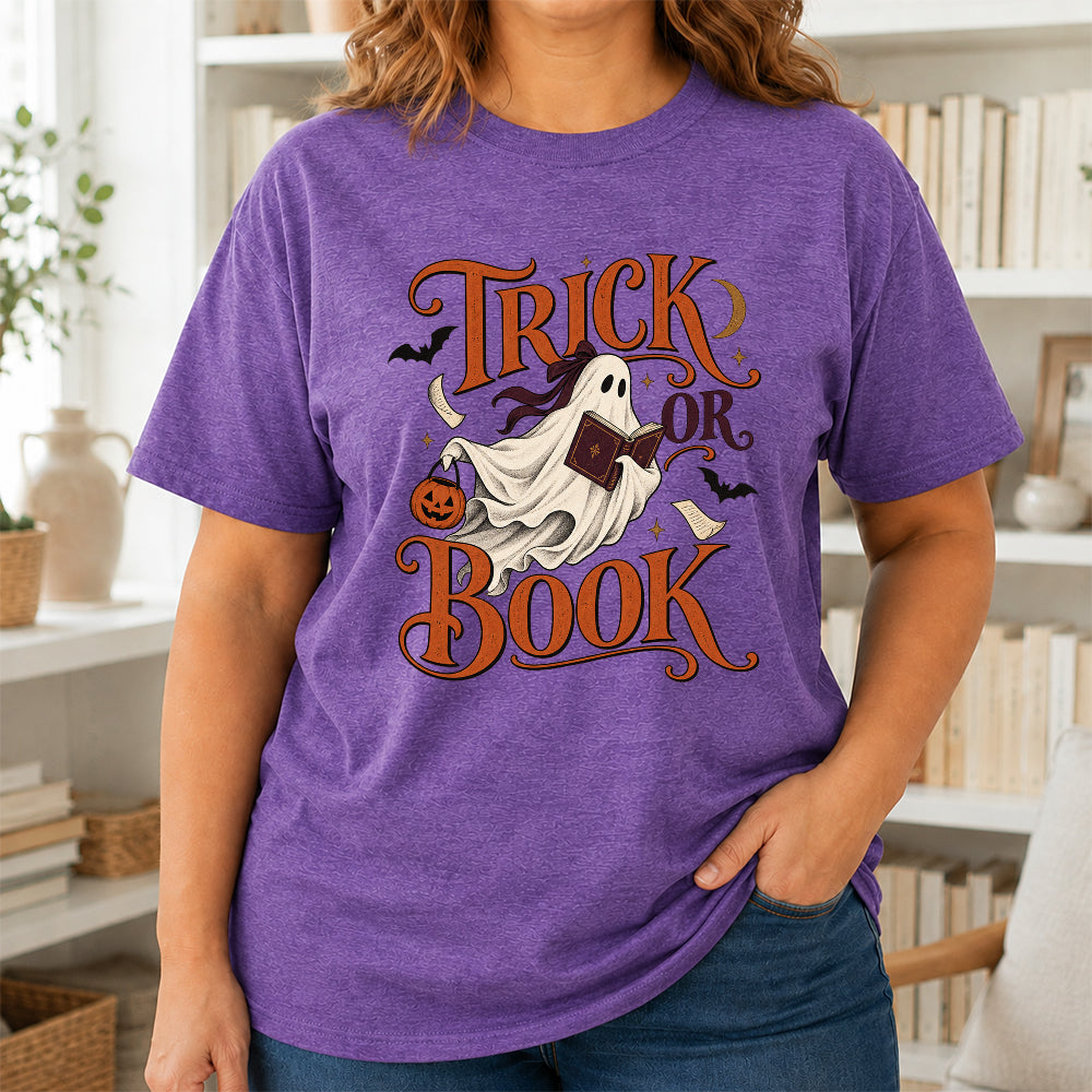 Trick Or Book Ghost Printed T-Shirt | Halloween Book Lover Gift Heather Purple