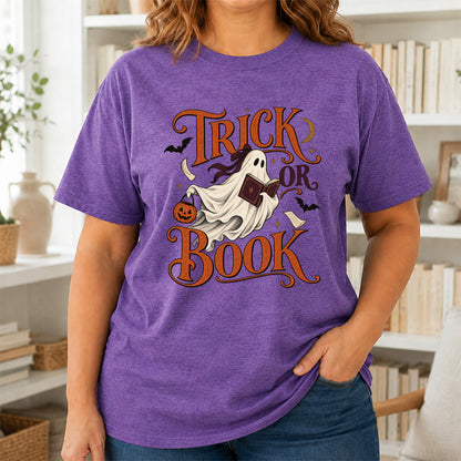 Trick Or Book Ghost Printed T-Shirt | Halloween Book Lover Gift Heather Purple