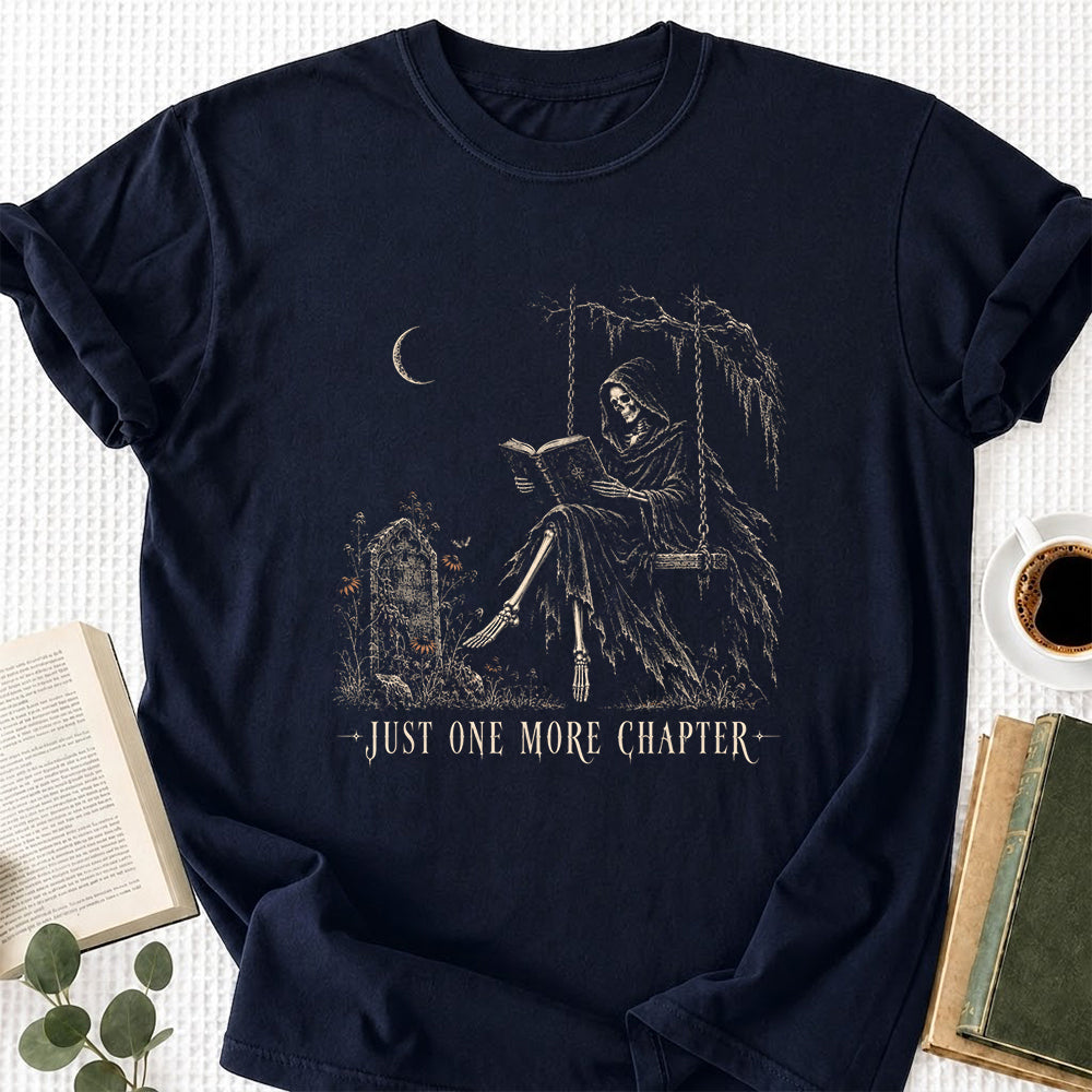 Just One More Chapter Grim Reaper Printed T-Shirt | Spooky Halloween Reader Gift Navy