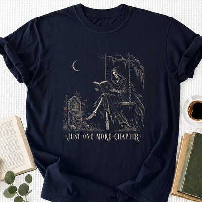 Just One More Chapter Grim Reaper Printed T-Shirt | Spooky Halloween Reader Gift Navy