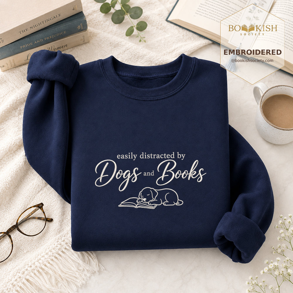 Easily Distracted By Dogs And Books Embroidered Sweatshirt | Reader Gift Navy