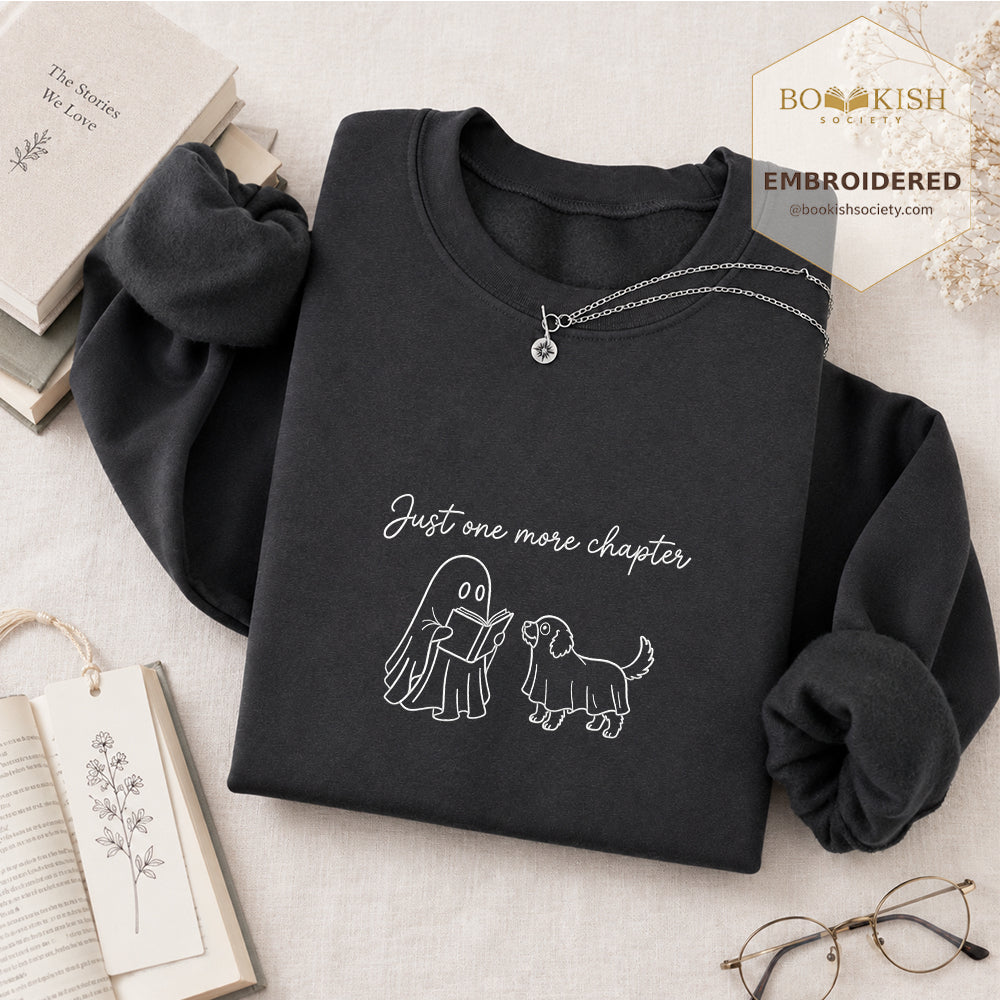 Easily Just One More Chapter Halloween Embroidered Sweatshirt | Reader Gift Dark Heather