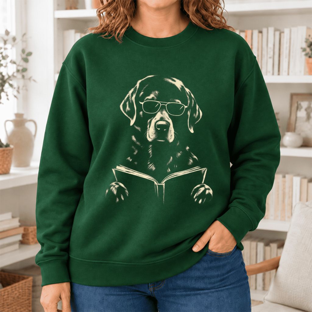 Labrador Retriever Reading Book Softstyle Sweatshirt | Dog Mom Reader Gift Forest Green