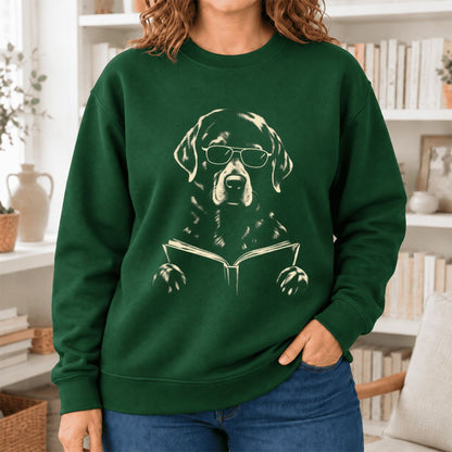 Labrador Retriever Reading Book Softstyle Sweatshirt | Dog Mom Reader Gift Forest Green