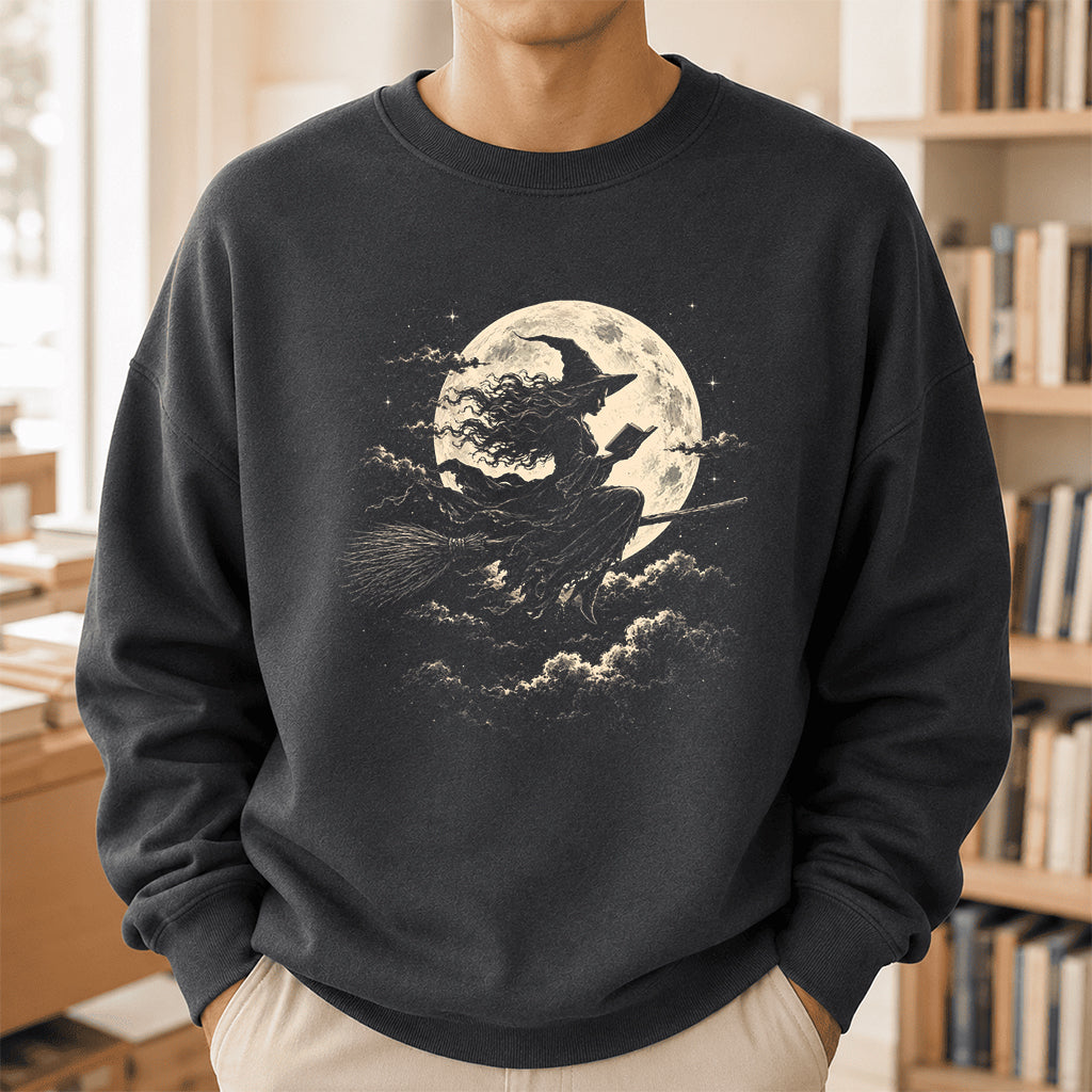 Reading Witch On The Flying Broom Printed Sweatshirt | Halloween Reader Gift Dark Heather