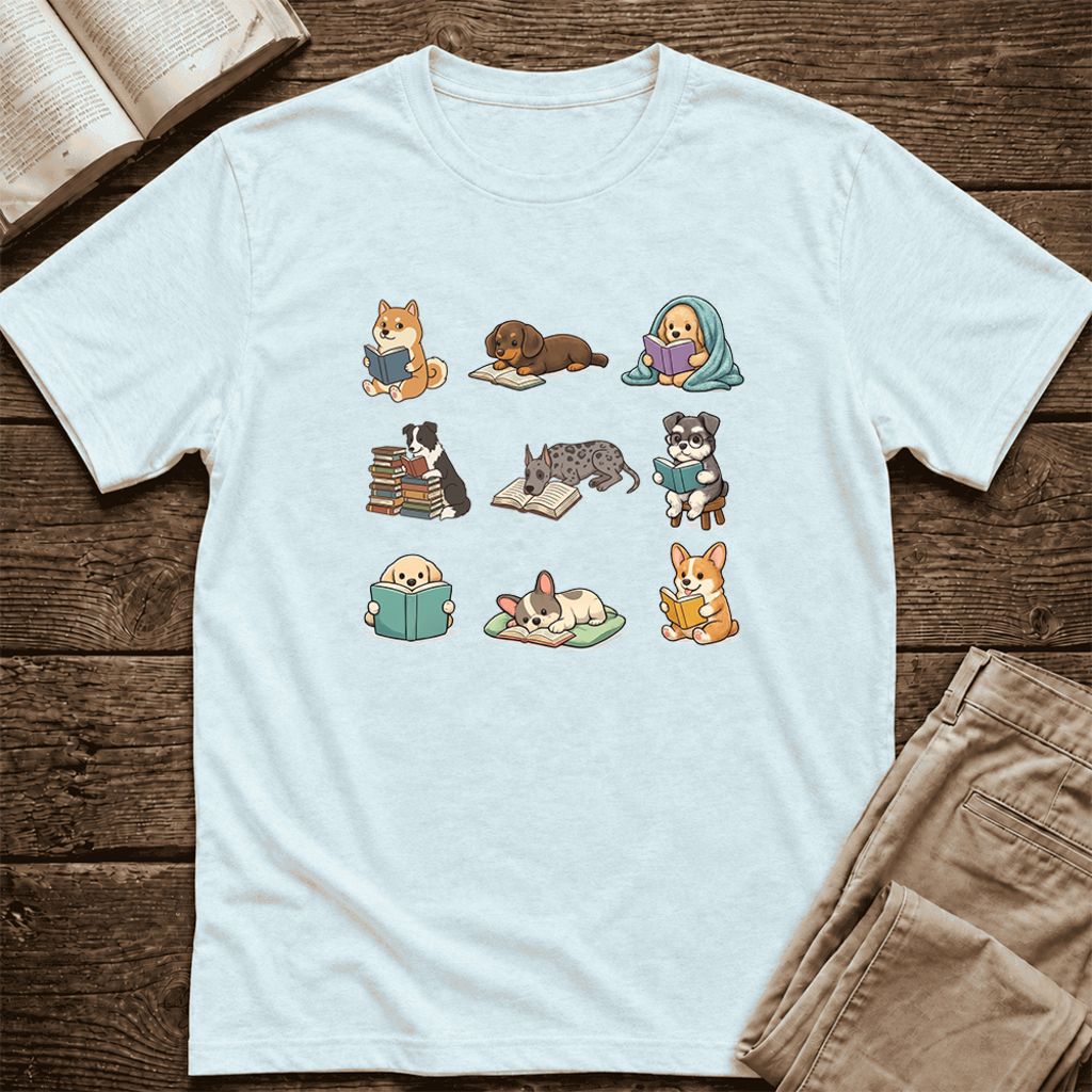 Funny Reading Dogs Ultra-Soft Cotton T-Shirt | Dog Mom Reader Gift Heather Ice Blue