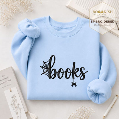 Halloween Books Embroidered Sweatshirt | Spooky Book Lover Gift Light Blue