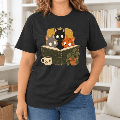 Curious Reading Cats Ultra-Soft Cotton T-Shirt | Cat Lover Reader Gift Black Heather