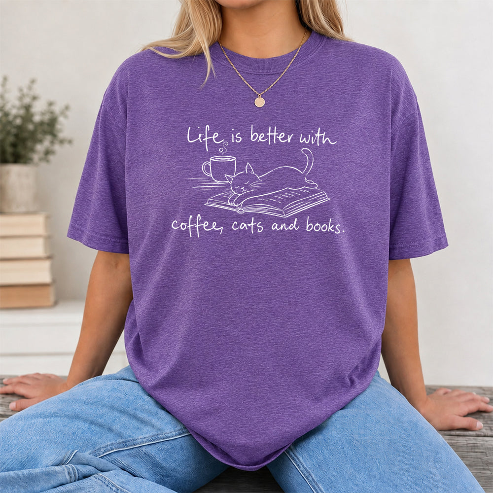 Funny Cats and Books Design Softstyle T-Shirt | Book Lover Gift Heather Purple