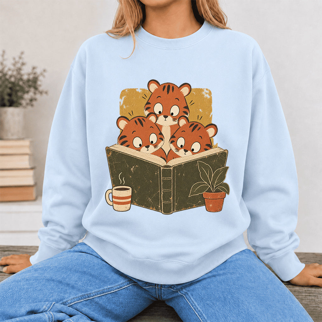 Minimal Japanese Tigers Reading Crewneck Sweatshirt | Reader Gift Light Blue
