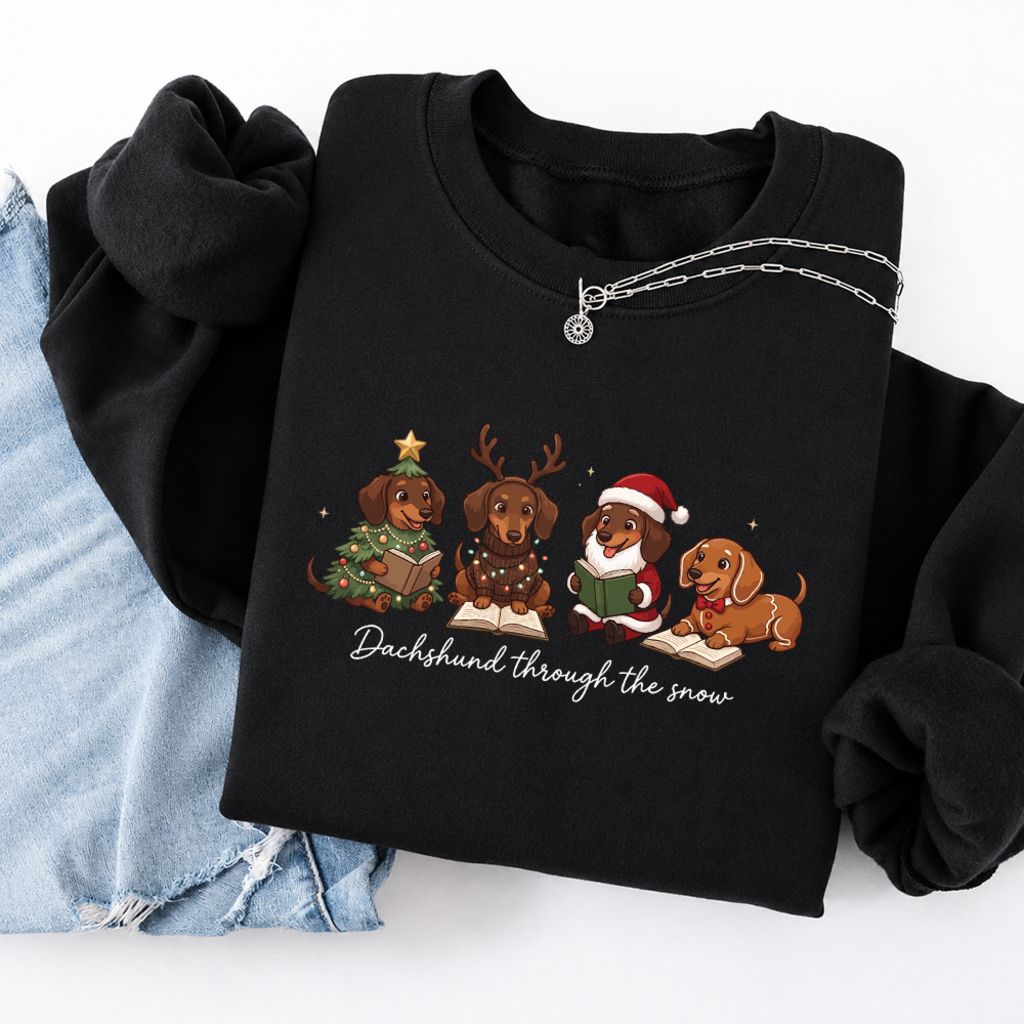Dachshund Through The Snow Softstyle Sweatshirt | Christmas Book Lover Gift Black
