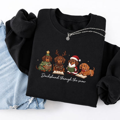 Dachshund Through The Snow Softstyle Sweatshirt | Christmas Book Lover Gift Black