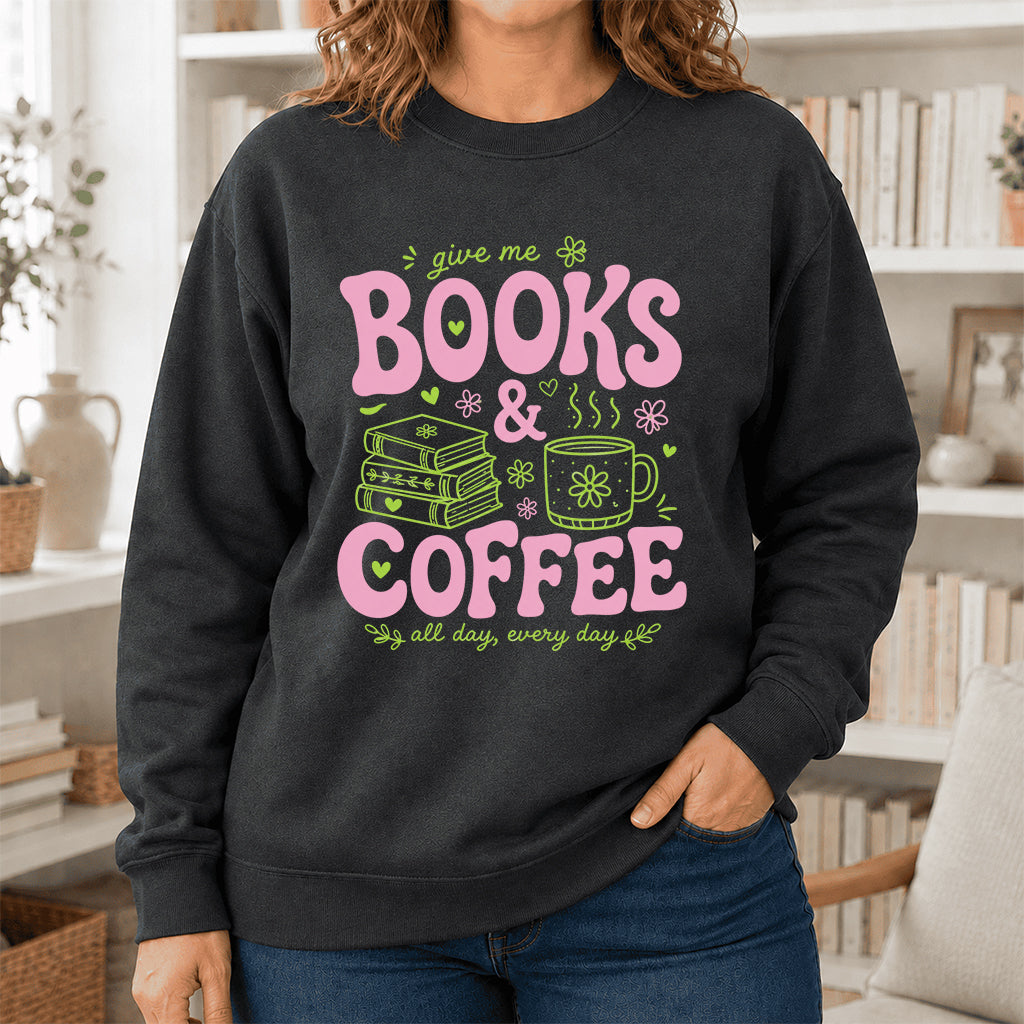 Books and Coffee Crewneck Sweatshirt | Reader Gift Dark Heather