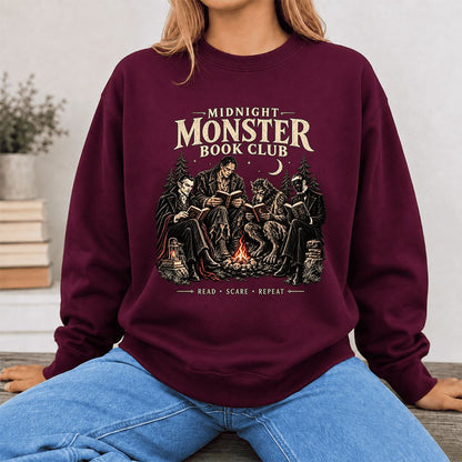 Midnight Monster Book Club Printed Sweatshirt | Halloween Book Lover Gift Maroon