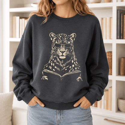 Leopard Reading Book Crewneck Sweatshirt | Reader Gift Dark Heather