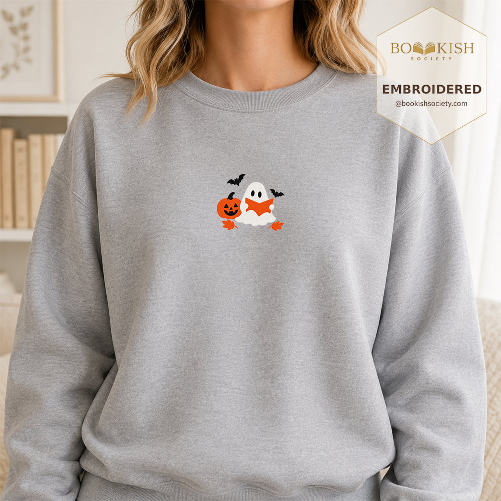 Ghost Reading Embroidered Sweatshirt | Halloween Reader Gift Sport Grey
