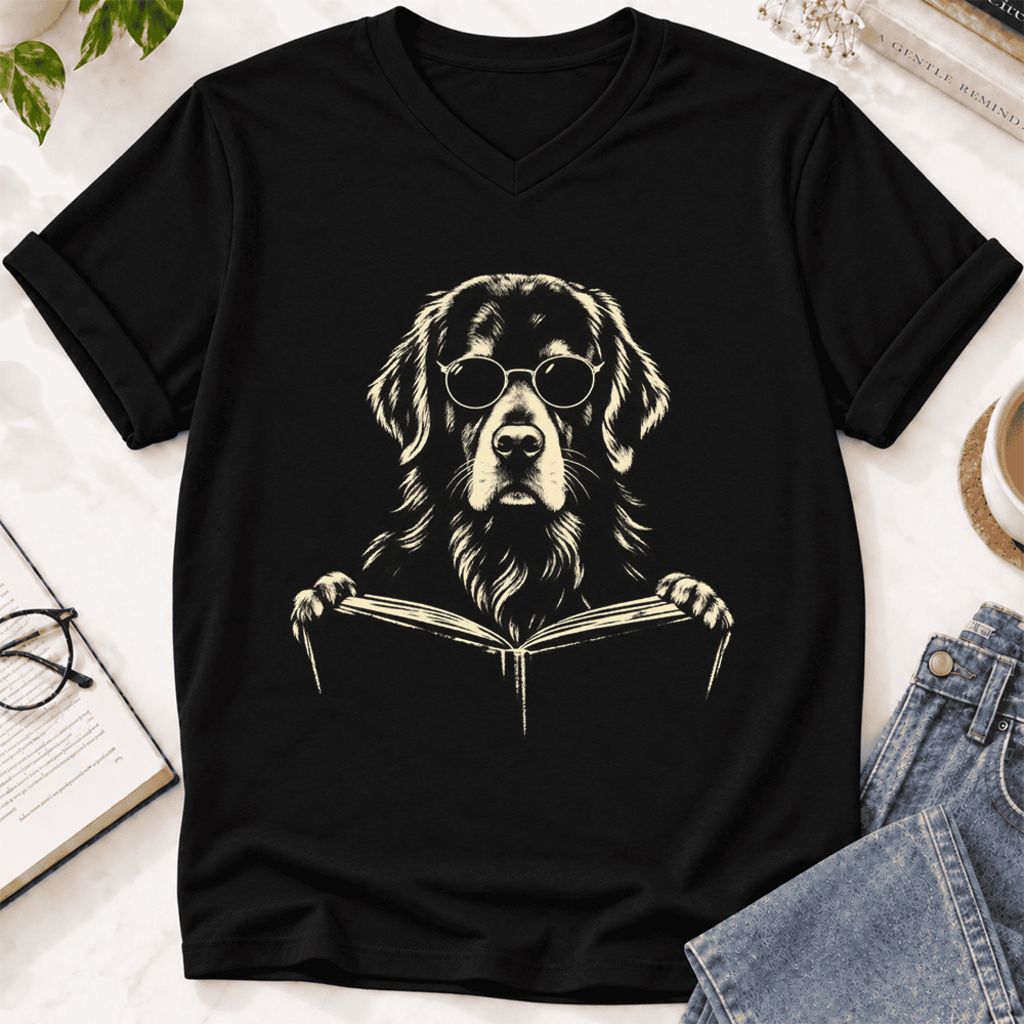 Golden Retriever Reading Book Ultra-Soft V-Neck | Dog Mom Reader Gift Black