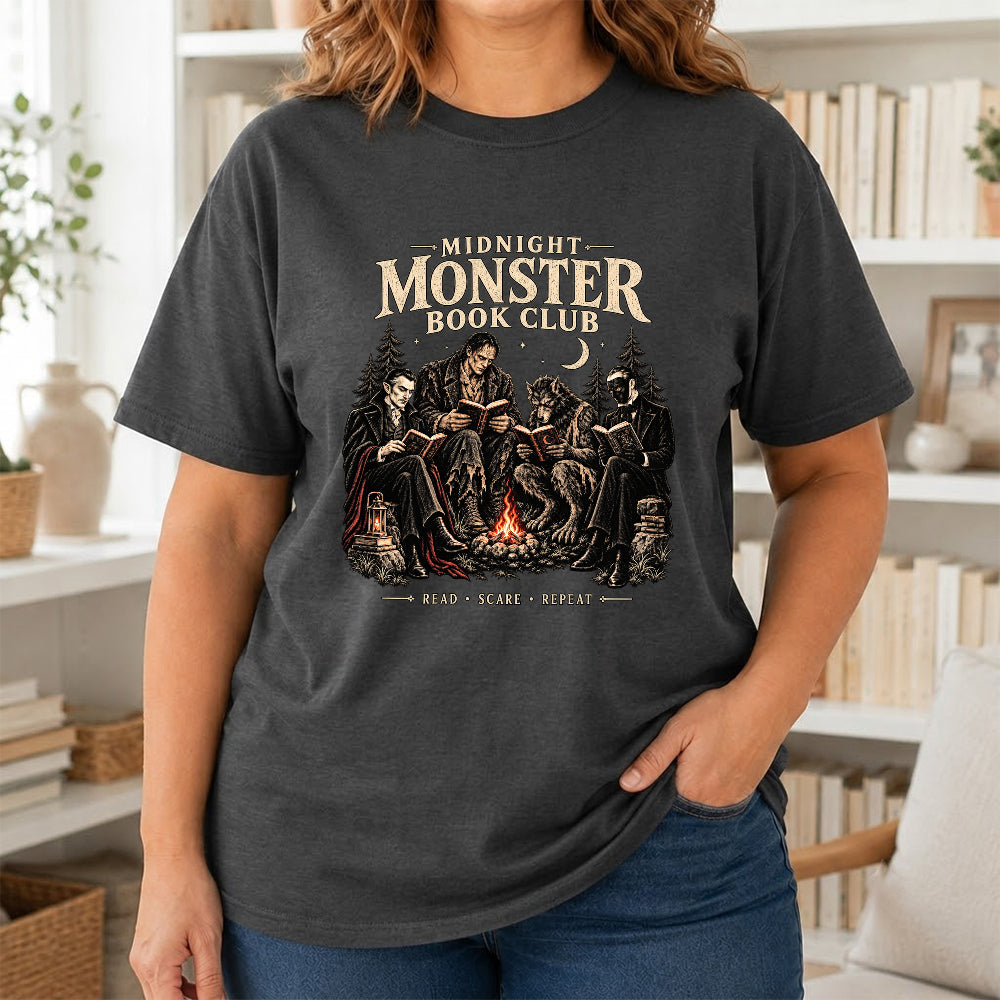 Midnight Monster Book Club Printed T-Shirt | Halloween Book Lover Gift Dark Heather