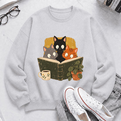 Minimal Japanese Cats Reading Crewneck Sweatshirt | Reader Gift Sport Grey
