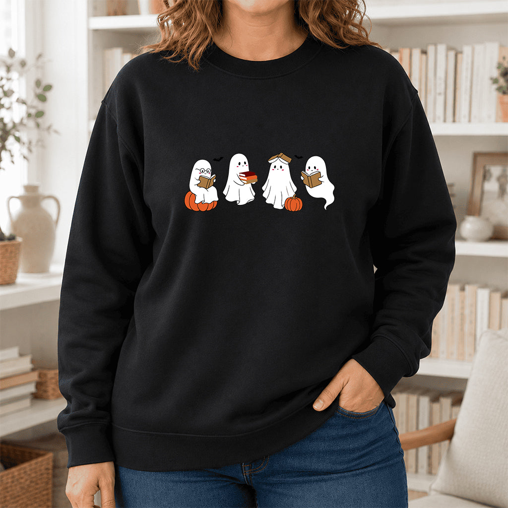 Halloween Ghosts Reading Printed Sweatshirt | Spooky Book Lover Gift Black