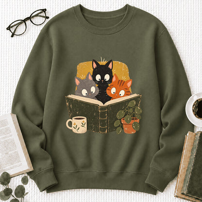 Minimal Japanese Cats Reading Crewneck Sweatshirt | Reader Gift Military Green