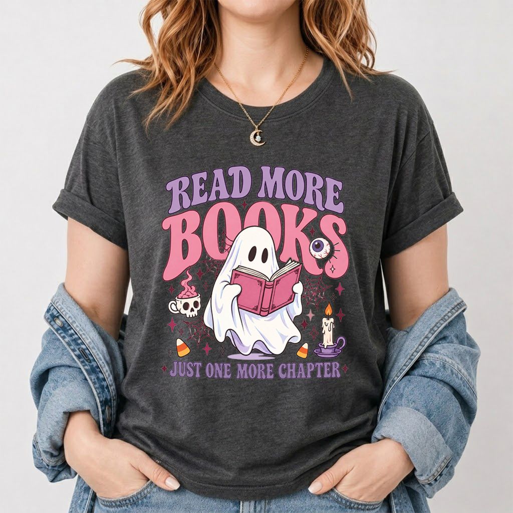 Read More Books Ghost Printed T-Shirt | Halloween Book Lover Gift Dark Heather