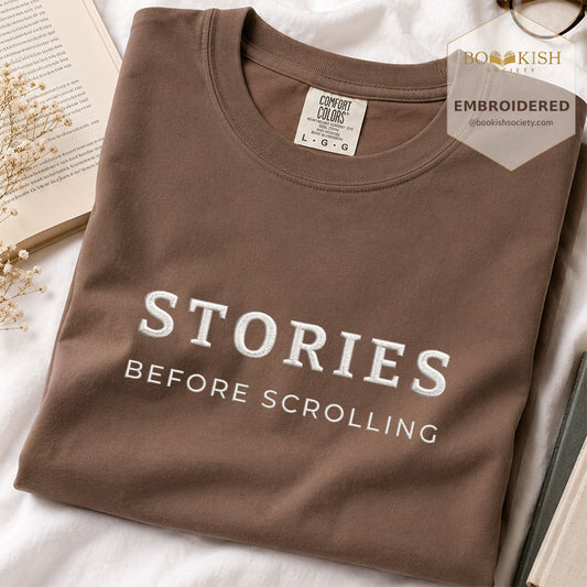 Embroidered Stories Before Scrolling Comfort Color® T-shirt Book Lover Gift Espresso
