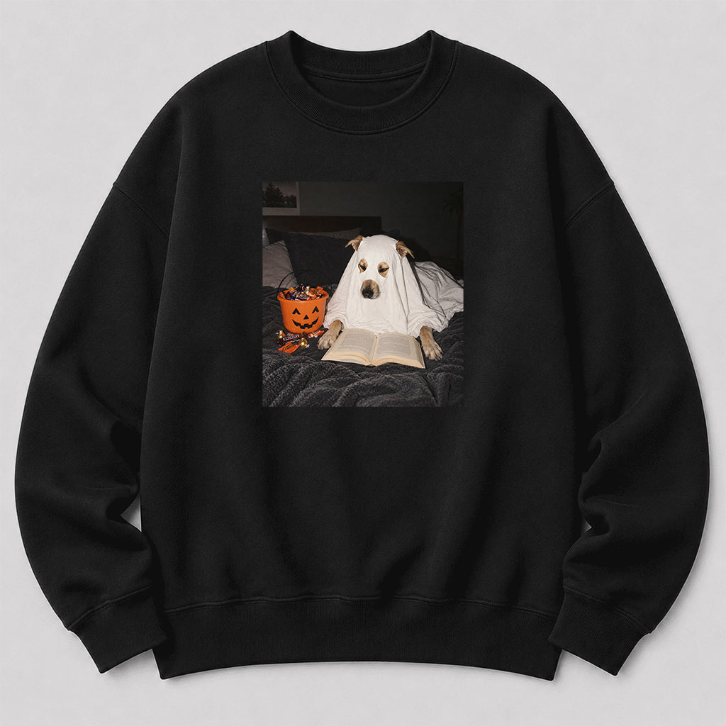 Cute Reading Ghost Dog Printed Sweatshirt | Halloween Book Lover Gift Black