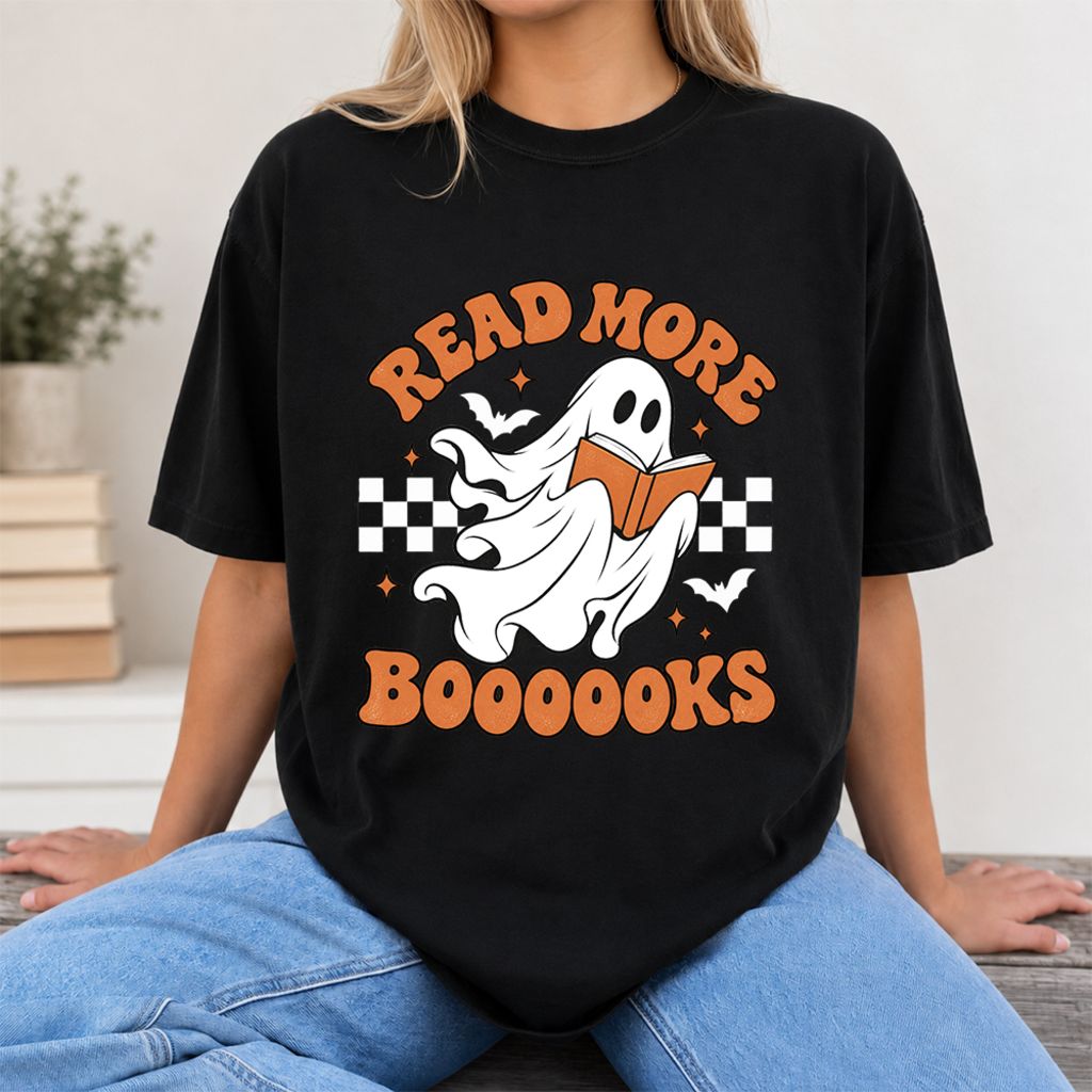 Read More Books Flying Ghost Printed T-Shirt | Halloween Book Lover Gift Black